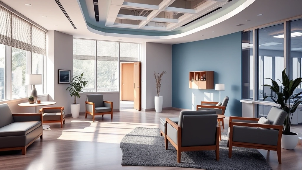 Modern rehabilitation facility interior with comfortable seating, therapeutic ambiance, healing space design, calming colors