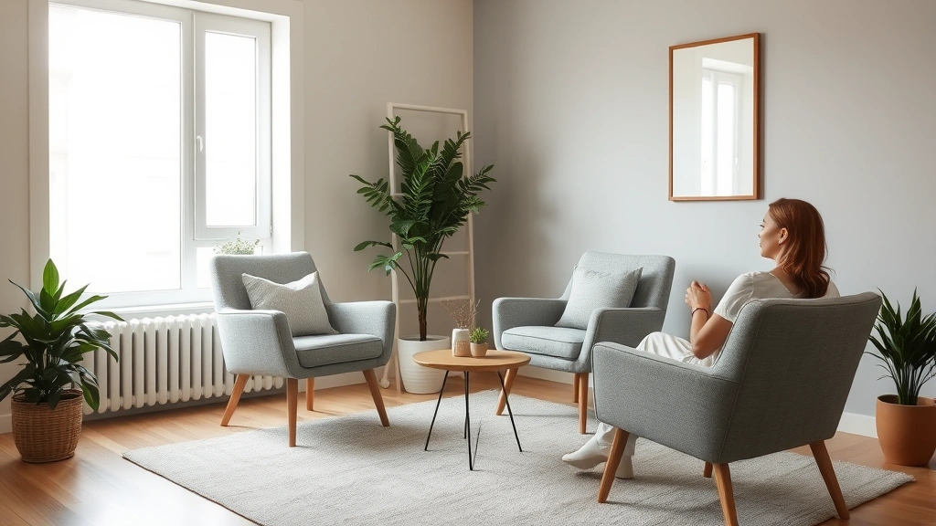 Professional therapy session setup with comfortable chairs, natural window light, supportive environment, minimalist decor