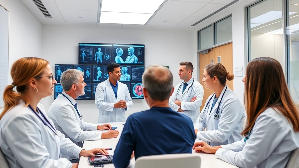 Modern healthcare facility with multiple medical professionals collaborating in a bright, clean conference room reviewing patient data on digital displays