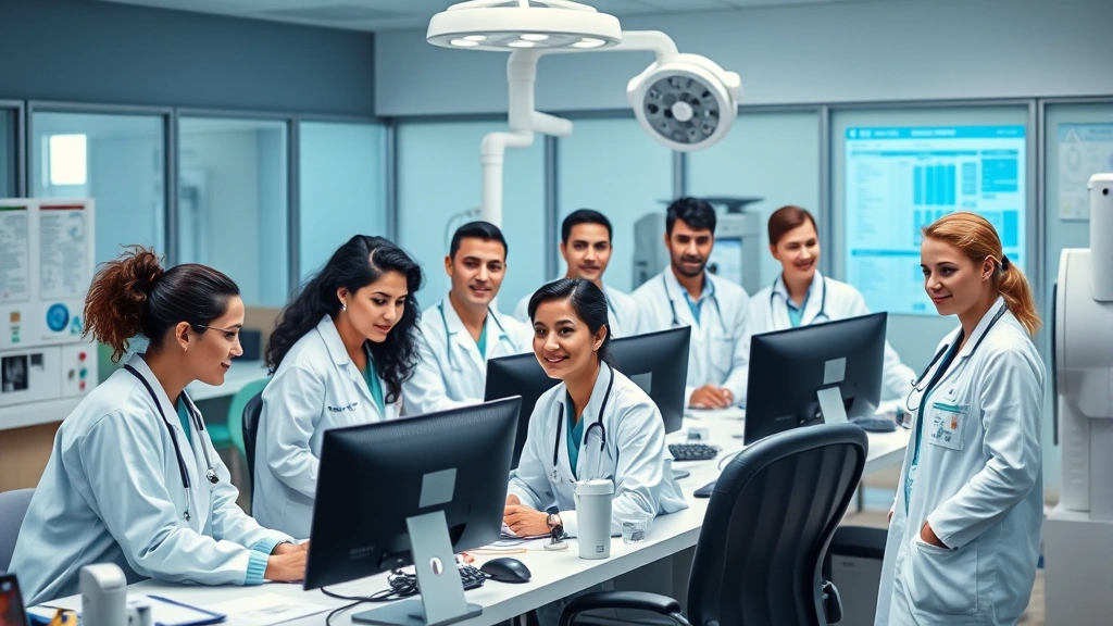 Diverse team of healthcare workers including doctors, nurses, and administrative staff working together at a clinical workstation with computers and medical equipment
