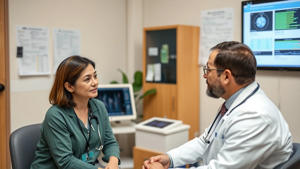 Patient consultation room with doctor and patient having a discussion, medical charts and technology visible in background showing integrated care coordination