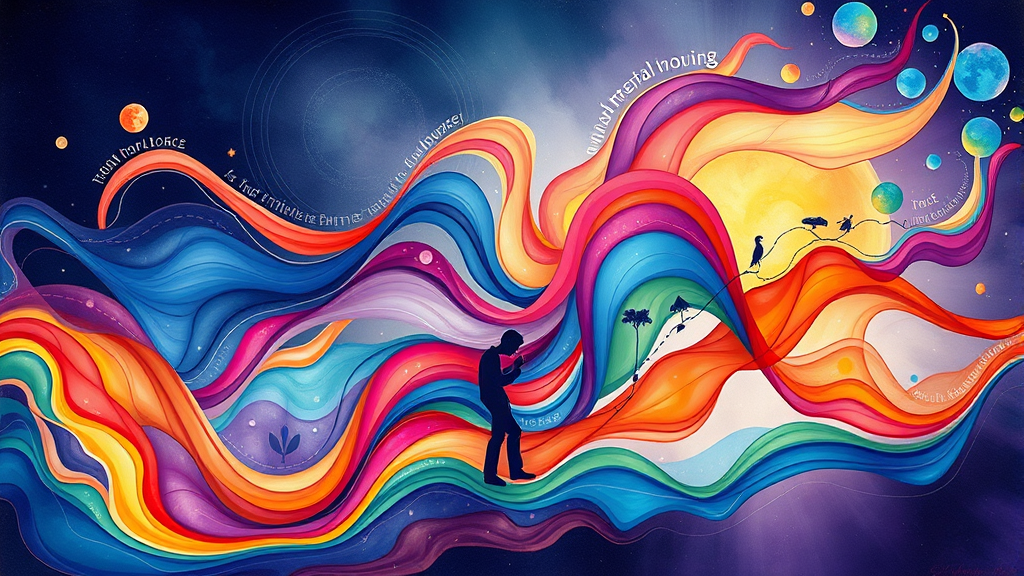 Abstract representation of mental wellness journey, colorful flowing elements, growth concept, no text no words no letters