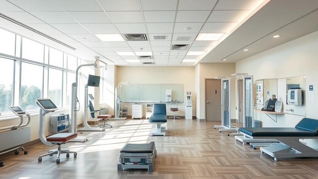 Professional rehabilitation facility interior with modern therapy equipment, bright natural lighting, and welcoming clean spaces designed for patient recovery and wellness
