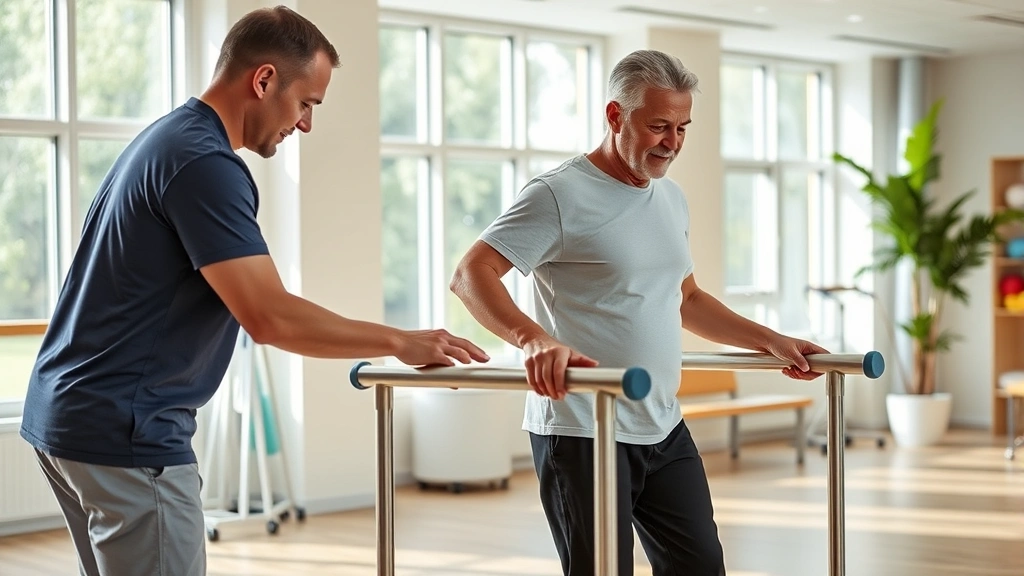 Physical therapist assisting patient with walking rehabilitation using parallel bars in bright modern therapy gym with large windows