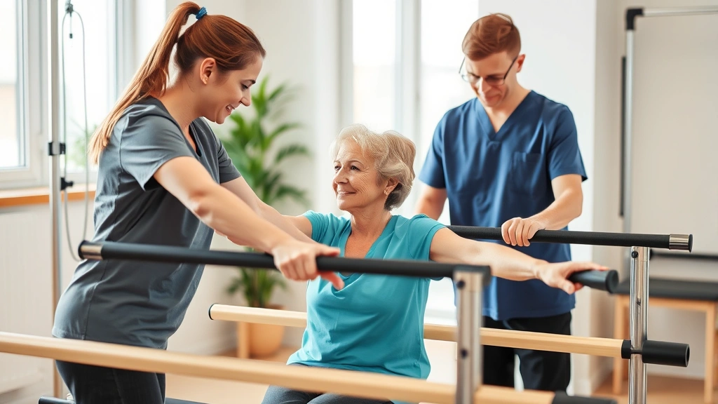 Diverse physical therapist working with patient on mobility exercises using parallel bars, showing supportive therapeutic interaction in bright clinical setting