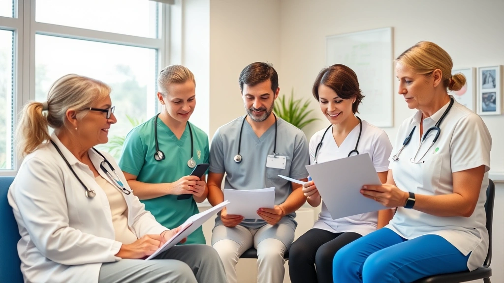 Diverse rehabilitation team including doctor, physical therapist, and occupational therapist reviewing patient progress notes in bright clinical office