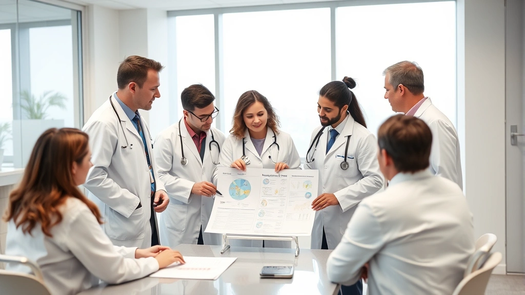 Multidisciplinary healthcare team in white coats collaborating around patient chart during rehabilitation care coordination meeting in modern hospital conference room