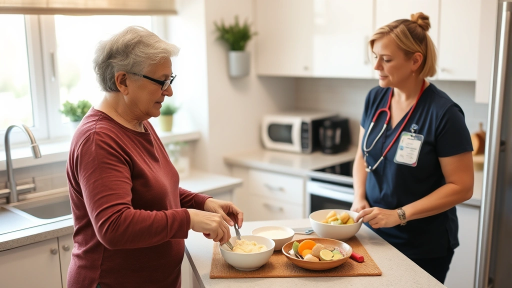 Patient performing occupational therapy exercises at kitchen counter preparing food while therapist observes supportively in home-like rehabilitation setting