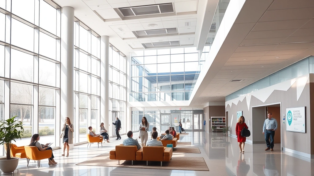Modern hospital lobby with contemporary design, natural lighting through large windows, comfortable seating areas, and welcoming atmosphere with diverse people
