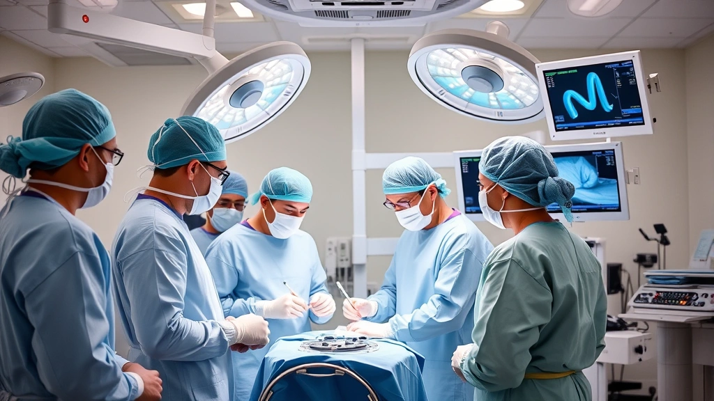 Healthcare professionals in surgical attire collaborating in a modern operating room with advanced medical equipment and monitors visible