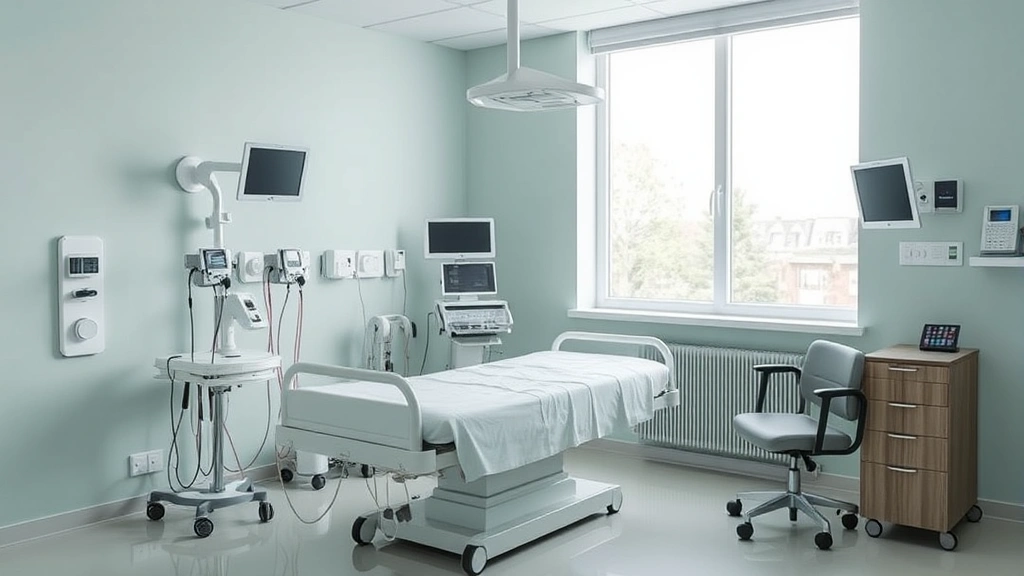 Patient recovery room with comfortable bed, medical monitoring equipment, natural window light, and modern healthcare furnishings creating a calm healing environment