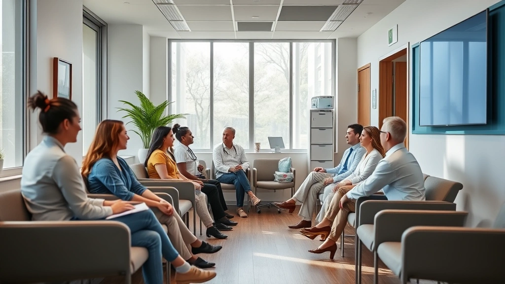 Modern medical office waiting room with comfortable seating, natural lighting, and professional healthcare atmosphere with diverse patients