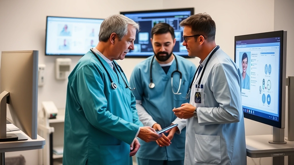 Healthcare professionals collaborating in a clinical setting, reviewing patient information on digital screens and discussing treatment plans