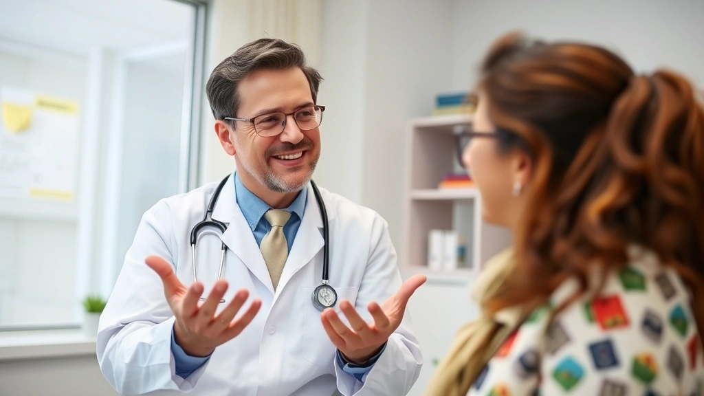 Doctor conducting patient consultation in bright medical office, explaining health information with compassionate expression and professional demeanor