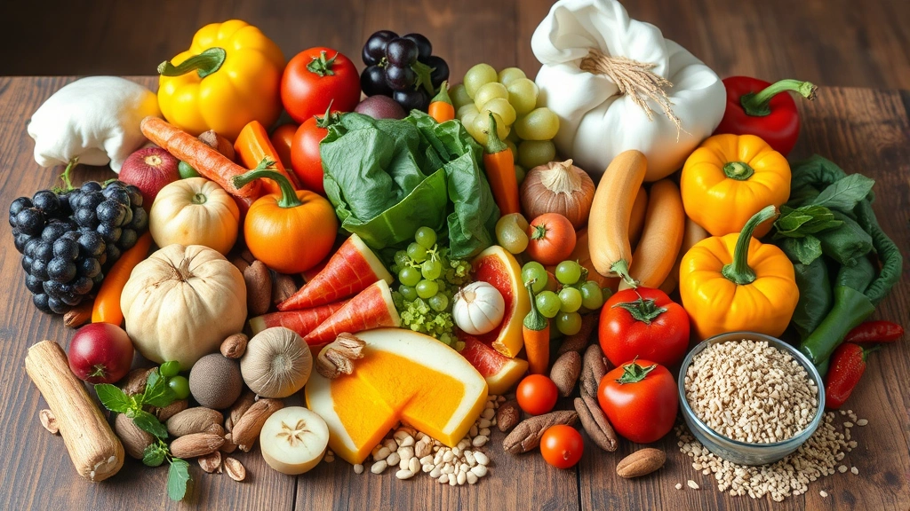 Colorful assortment of fresh vegetables, fruits, nuts, and whole grains arranged on wooden table, natural lighting, vibrant food photography