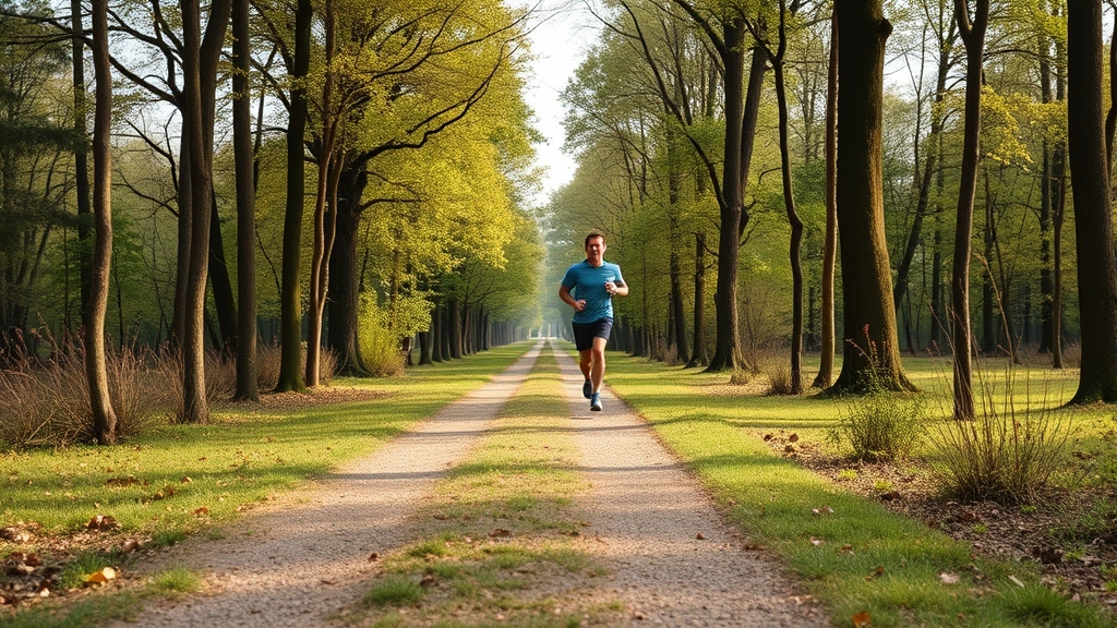 Person jogging outdoors through park or forest path, active movement, natural scenery, morning or afternoon outdoor exercise scene