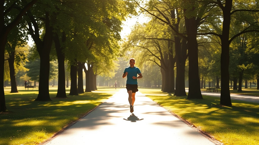 A person jogging through a sunlit park with trees and natural landscape, showing movement and energy, photorealistic style