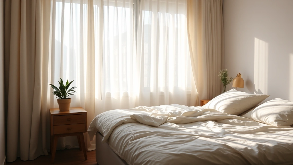 A peaceful bedroom with soft morning light filtering through curtains, cozy bed setup, plants on nightstand, serene atmosphere