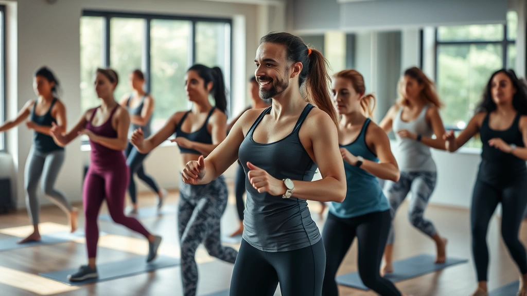 A diverse group of people in a fitness class or wellness session, engaged and supportive environment, natural movement captured