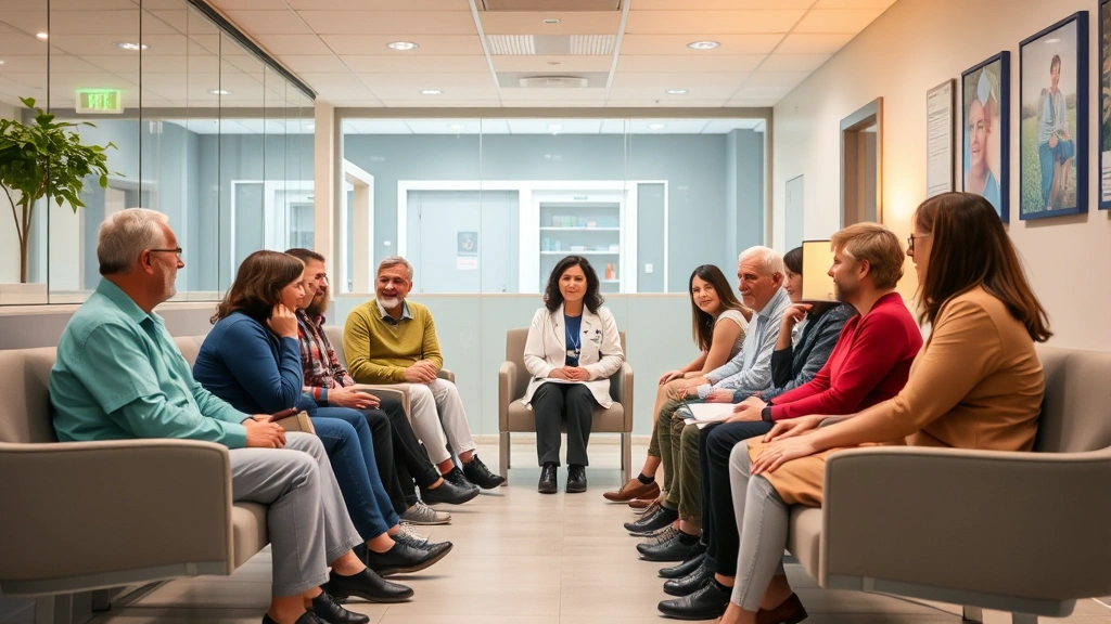 Diverse group of patients in a modern, welcoming medical clinic waiting room with comfortable seating and warm lighting, representing community healthcare accessibility