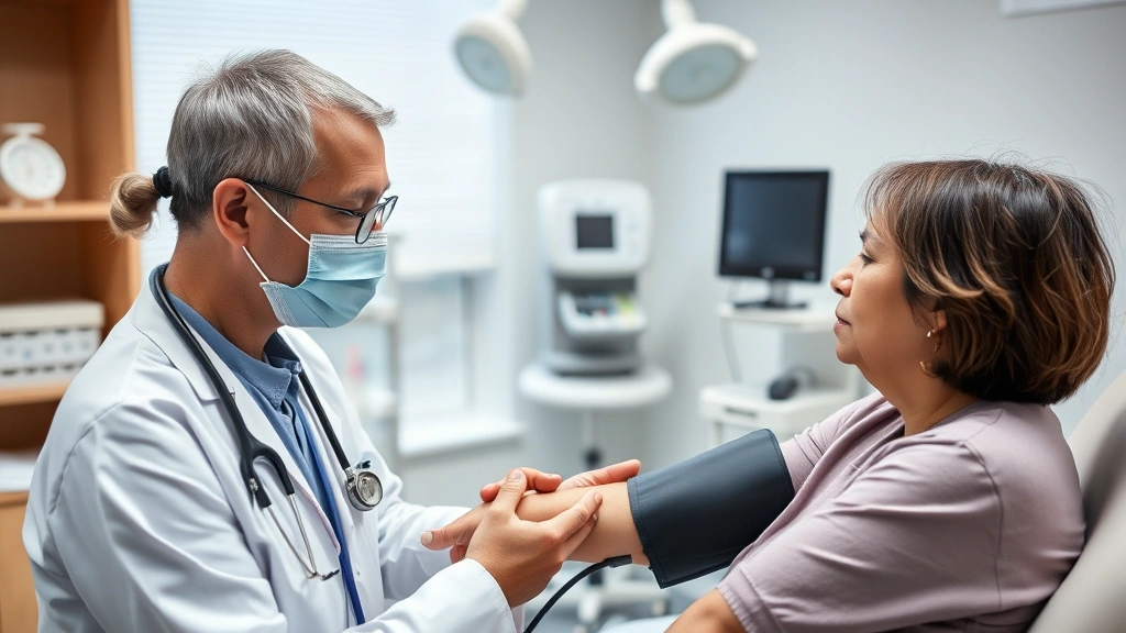 Healthcare provider conducting a blood pressure screening on a middle-aged patient in a bright examination room with medical equipment visible in background