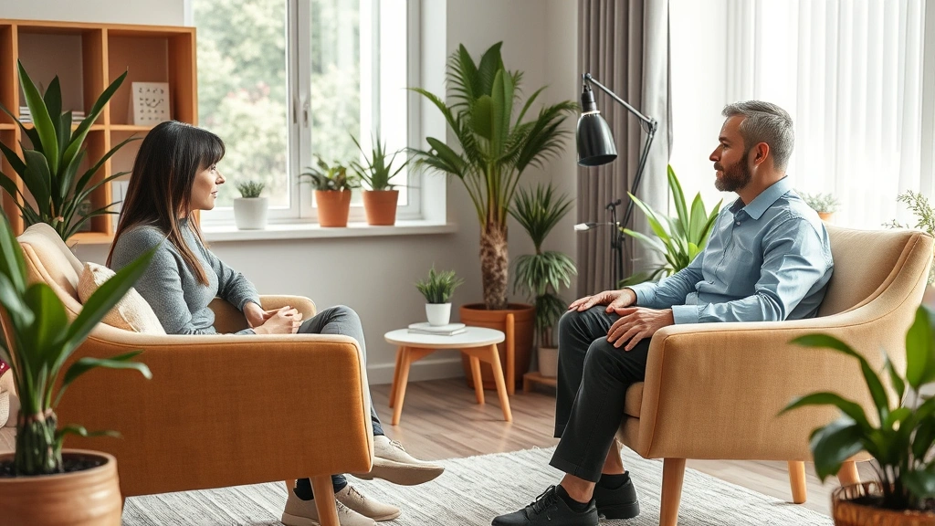 Mental health counselor in a calm therapy session with patient sitting in comfortable chairs, peaceful office environment with plants and natural light