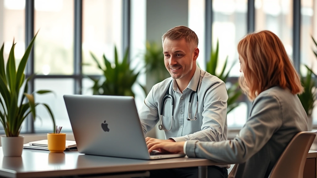 Person sitting at desk using laptop to access health records, modern office setting with plants, warm lighting, focused expression