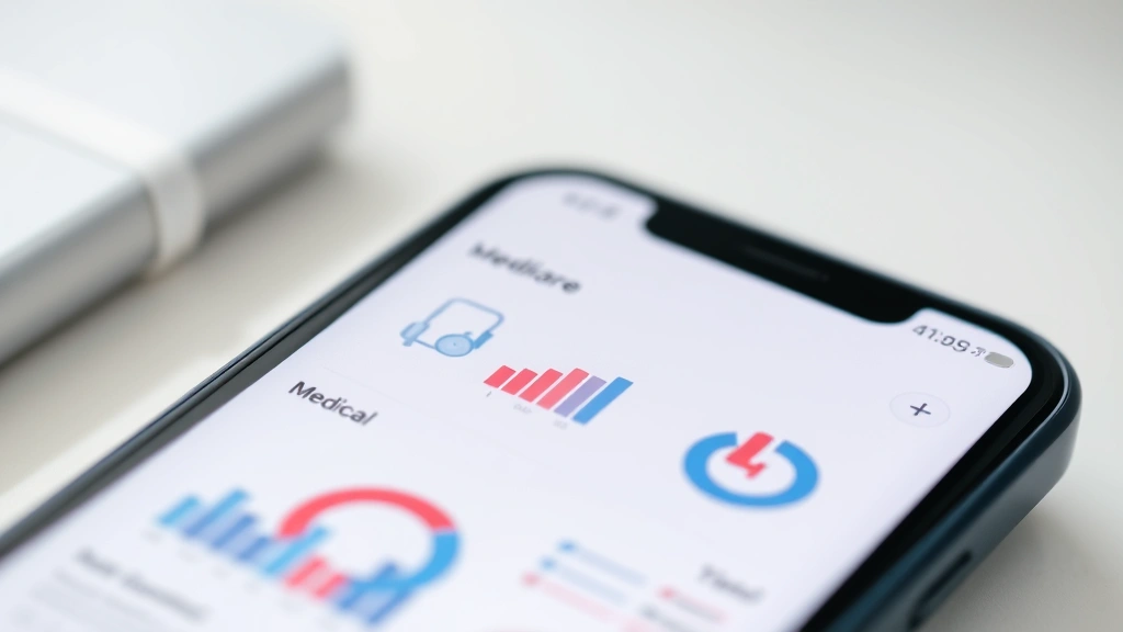 Close-up of smartphone screen showing healthcare app interface with charts and medical data visualizations, clean design aesthetic