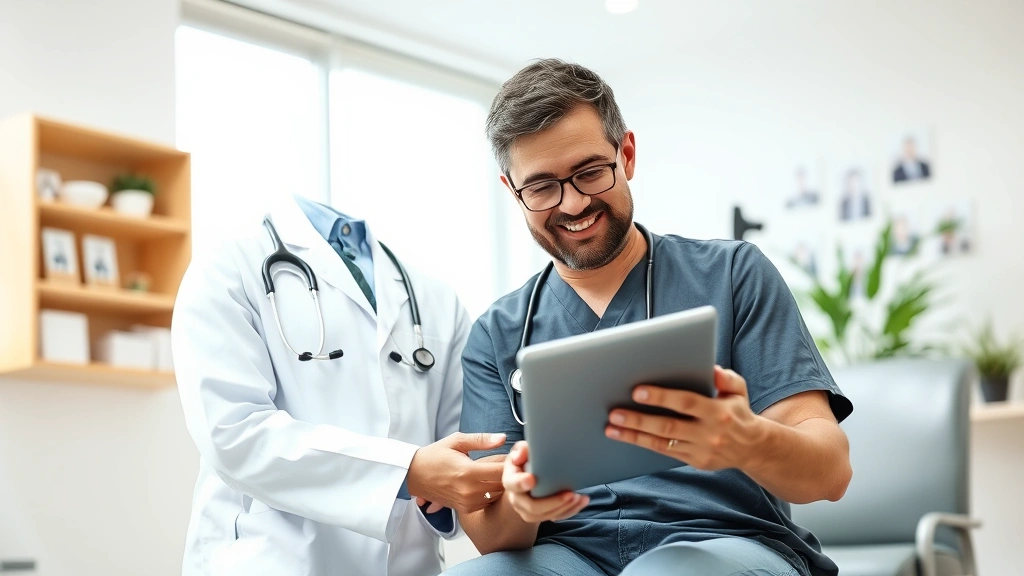 Healthcare professional and patient having conversation in bright clinic room, both looking at tablet together reviewing medical information