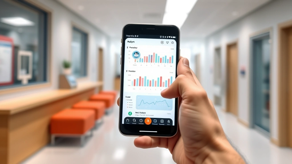 Person holding smartphone displaying healthcare dashboard with medical charts and appointment calendar interface, modern clinic background