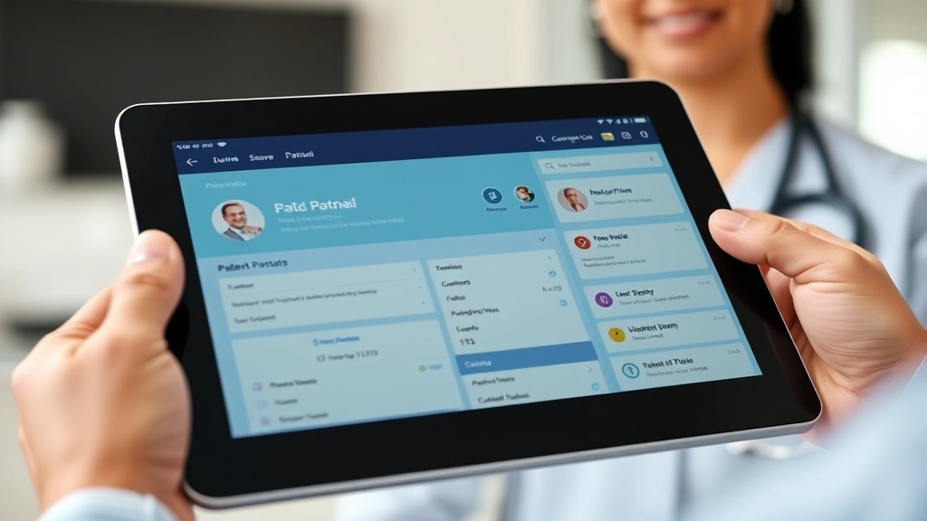 Close-up of tablet screen showing patient portal with lab results, prescription information, and secure messaging features, professional healthcare setting