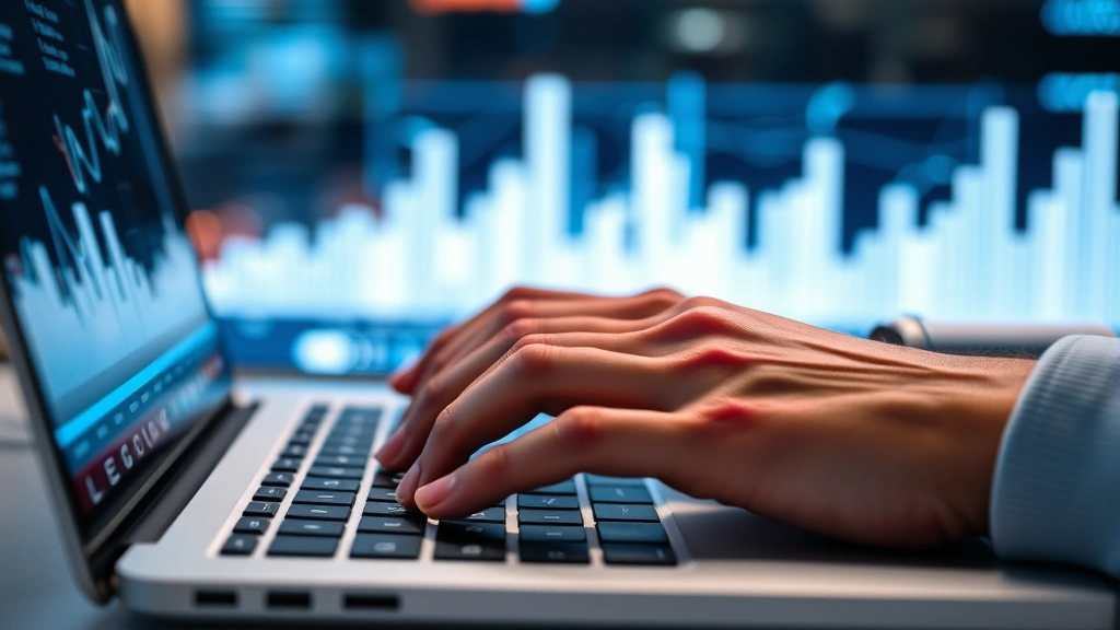 Close-up of hands typing on laptop keyboard with abstract healthcare data visualization glowing on screen in background