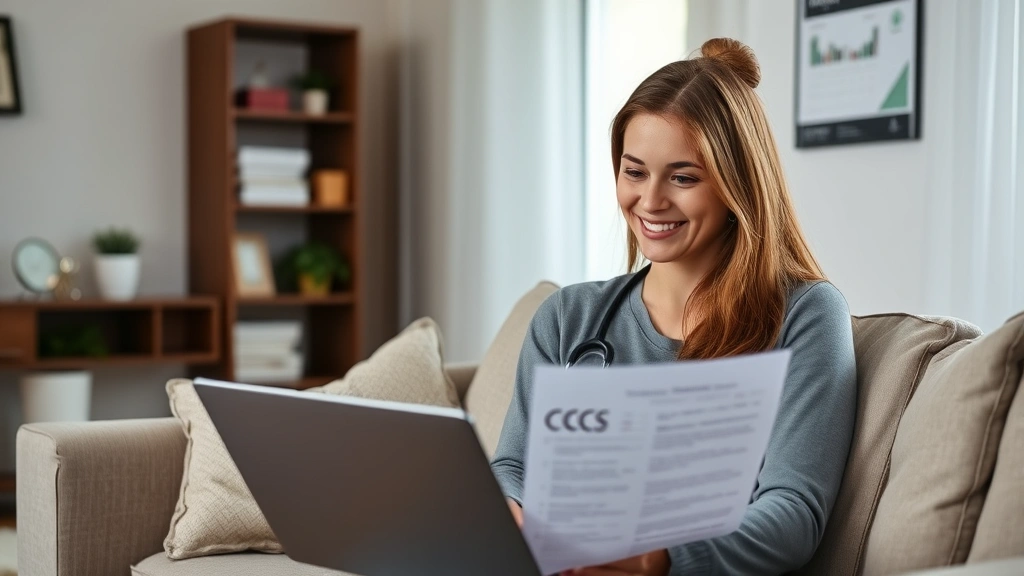 Woman sitting at home on laptop reviewing medical records and test results with satisfied expression, comfortable home office environment