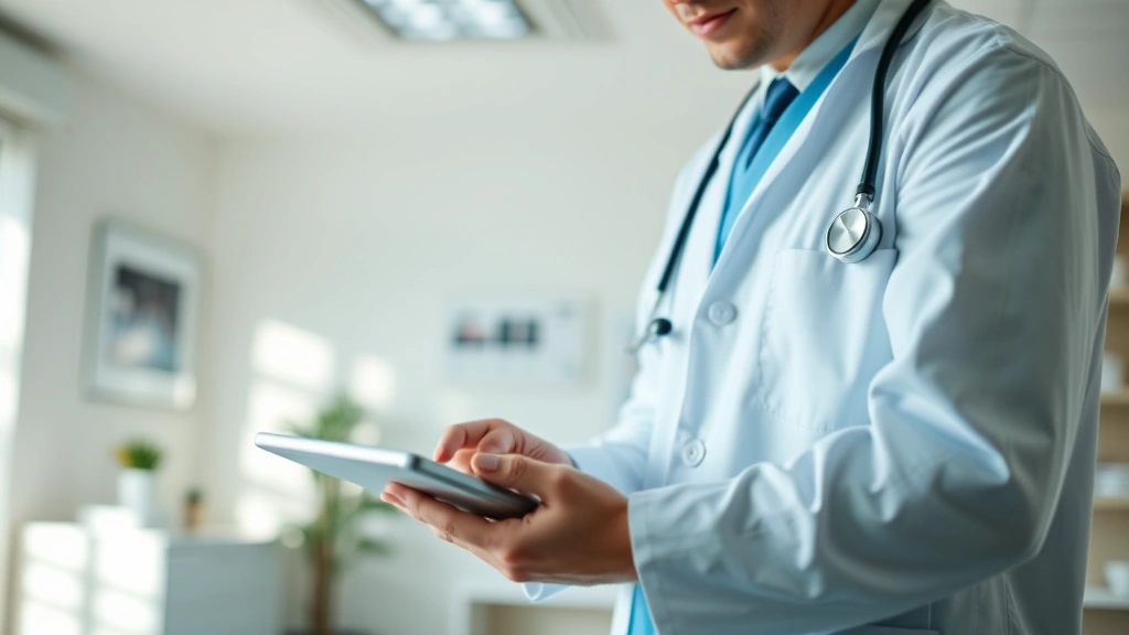 Modern healthcare professional reviewing digital health records on tablet in contemporary medical office with soft natural lighting