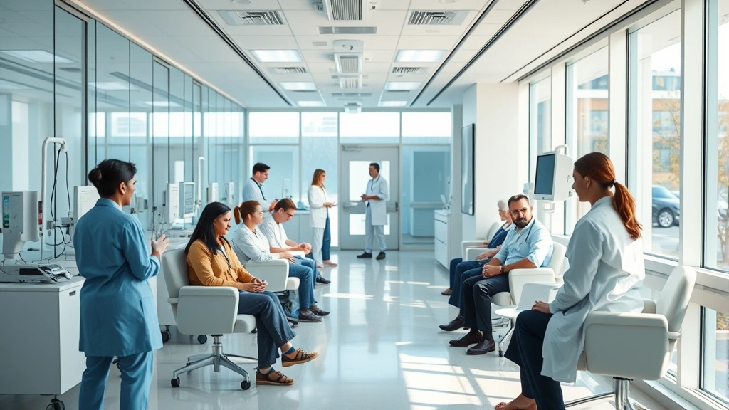 Modern healthcare facility interior with doctors and patients in consultation rooms, bright natural lighting, contemporary medical equipment visible, diverse healthcare professionals collaborating