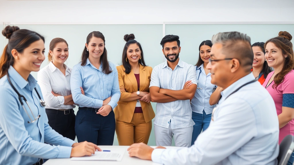 Diverse group of employees participating in workplace health screening event with medical professional taking vital signs