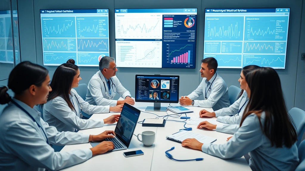 Healthcare team meeting around a table with computers and patient data displays, diverse professionals reviewing charts and analytics, collaborative clinical setting with modern technology visible