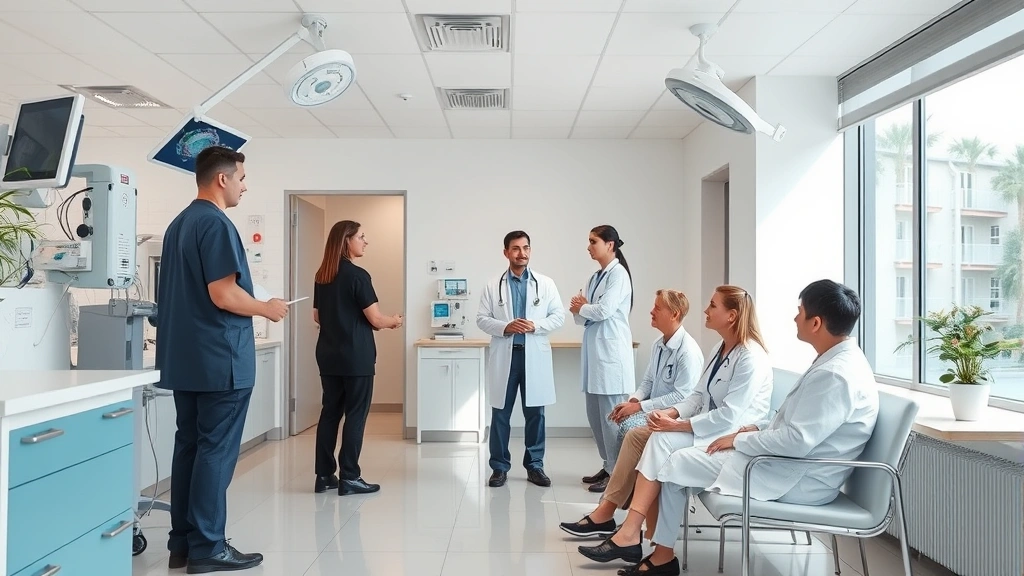 Professional healthcare clinic interior with modern medical equipment, clean white walls, comfortable waiting area with natural lighting, diverse medical staff in consultation