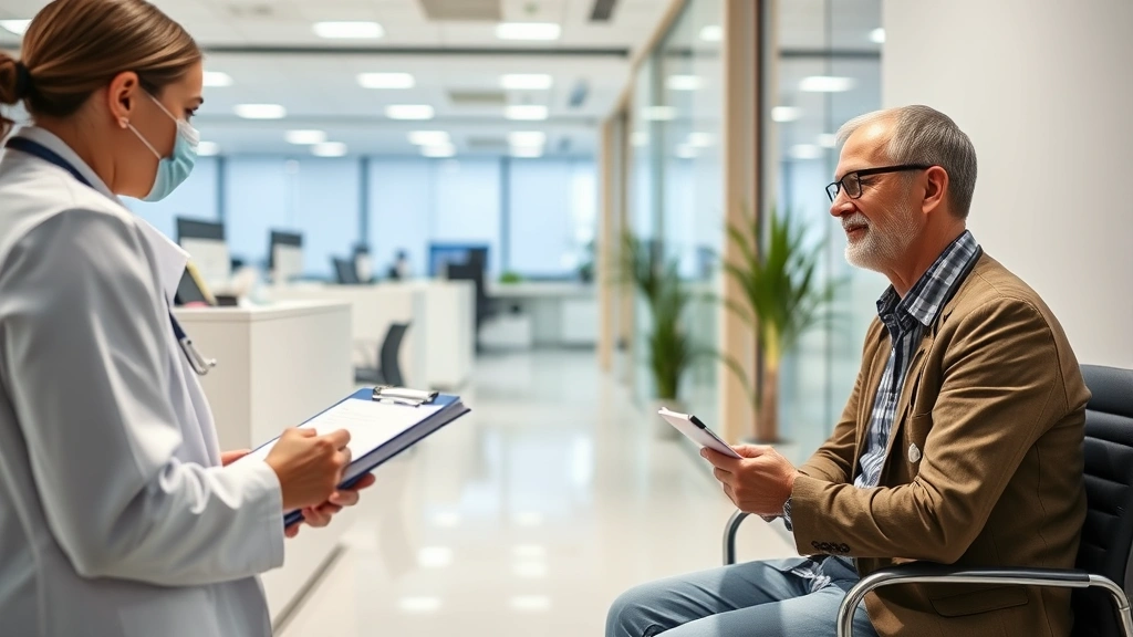 Employee receiving medical consultation in modern on-site workplace clinic, healthcare provider taking notes, bright clinical setting with contemporary design