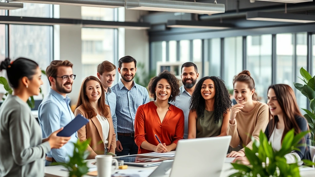 Diverse group of professionals in modern office environment appearing healthy and productive, natural lighting, collaborative workspace atmosphere, wellness-focused setting
