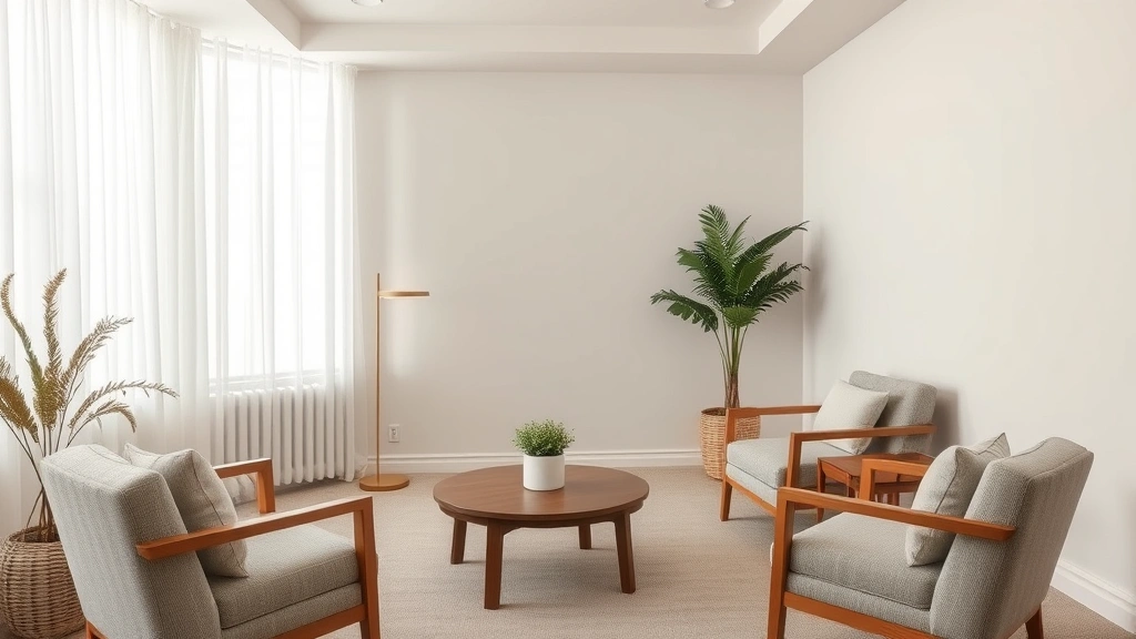 Serene therapy room with comfortable seating, soft lighting, and calming neutral colors—peaceful counseling environment without text or signage