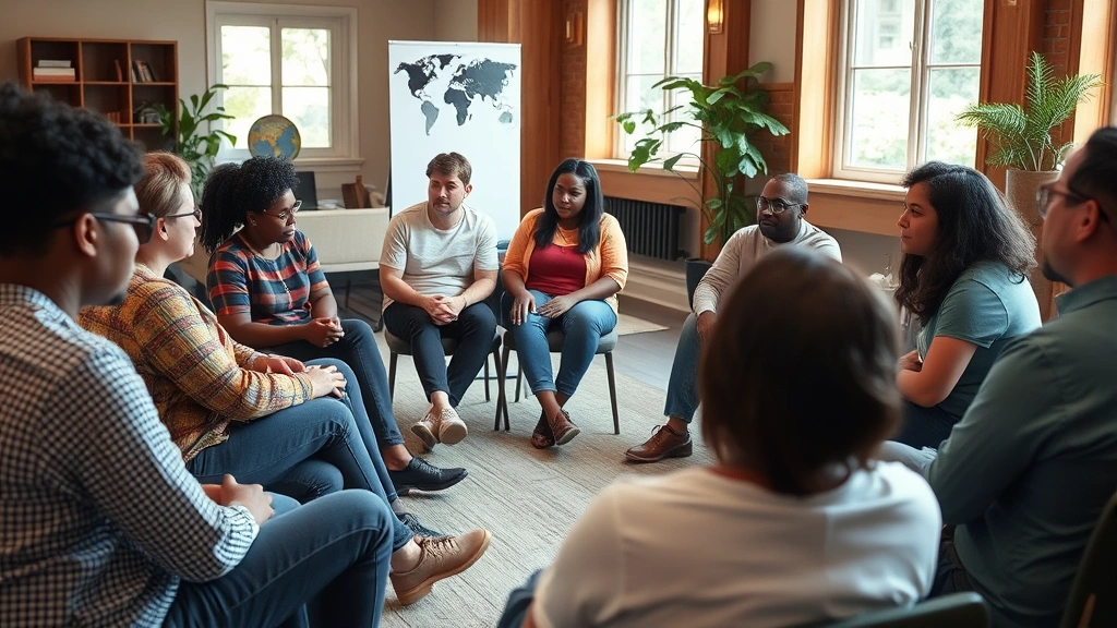 Group of diverse people sitting in circle during support meeting, engaged and listening attentively in warm, welcoming indoor setting