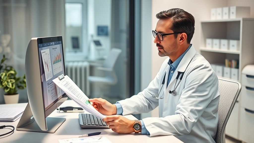 Professional healthcare provider reviewing patient charts at modern desk with computer, focused clinical workspace with medical materials visible