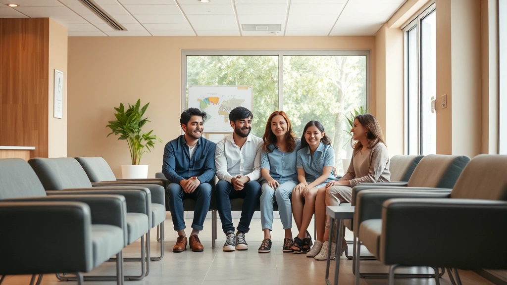 Diverse family of four in a warm, welcoming medical clinic waiting room with natural light, comfortable seating, and calming neutral tones
