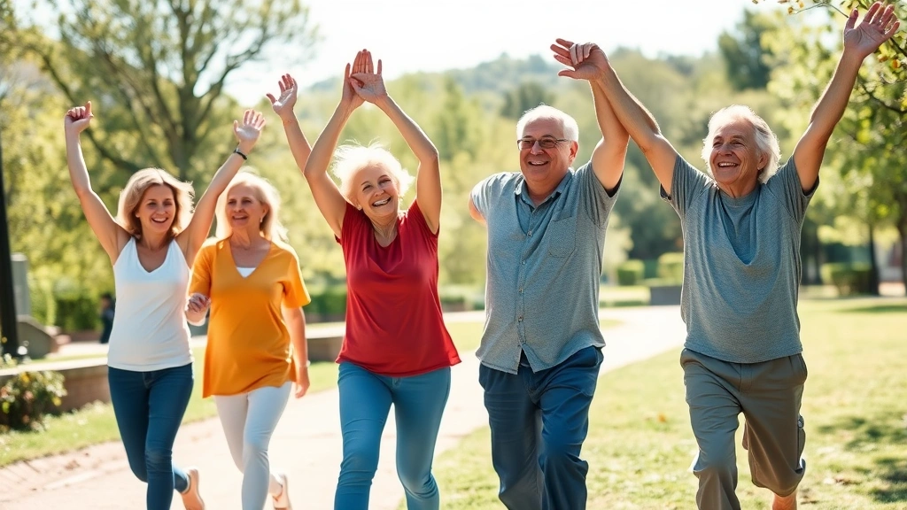 Family members of different ages engaged in outdoor activities together—walking, stretching, laughing in a park with natural sunlight and greenery