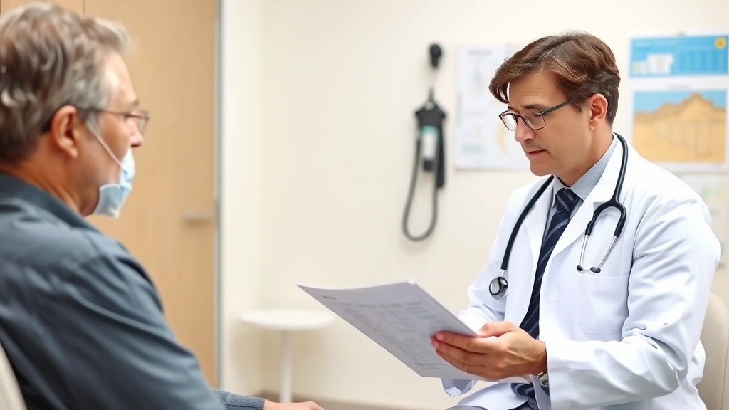 Healthcare provider in white coat reviewing patient medical chart during consultation with middle-aged patient in examination room, professional medical environment