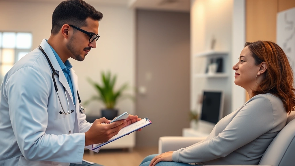 Healthcare professional in modern clinic consulting with patient during comprehensive health assessment, warm lighting, comfortable clinical setting, diverse representation