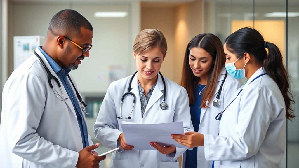 Team of medical professionals collaborating in integrated healthcare setting, reviewing patient information together, diverse healthcare providers working seamlessly