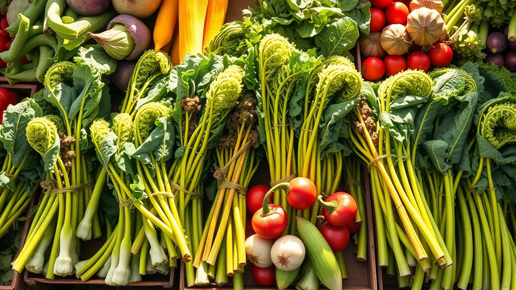 Overhead view of a vibrant farmers market display featuring bundles of fresh fiddlehead ferns among other spring vegetables, bright morning sunlight