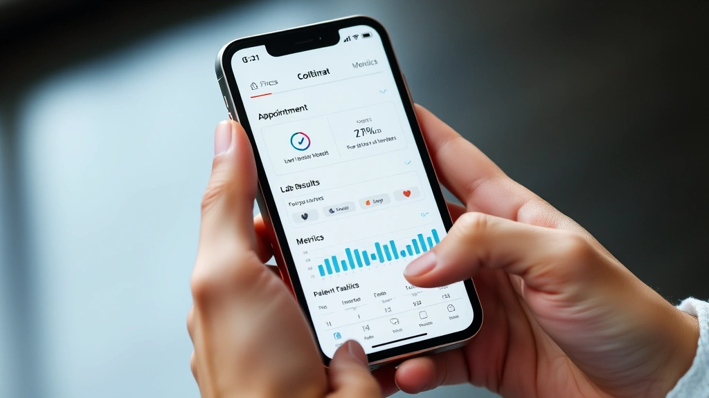 Close-up of hands holding a smartphone displaying a medical dashboard interface with appointment calendar, lab results, and patient health metrics in modern design